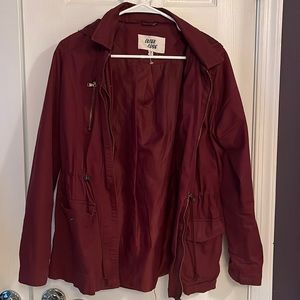 Women’s burgundy utility jacket.